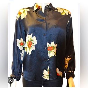 Vince Gardenia Floral Print Tie-Sleeve Silk blouse NWT